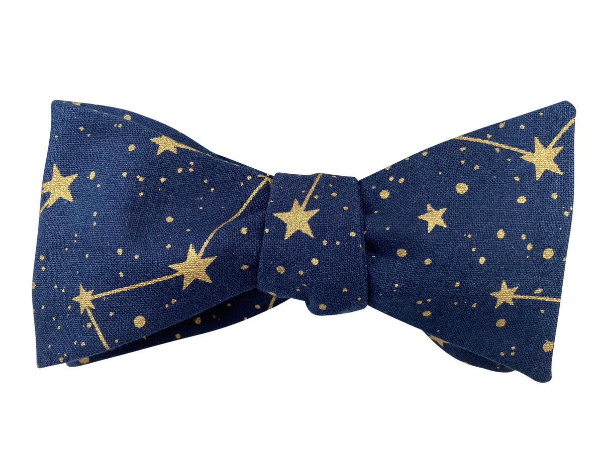 navy blue and gold metallic stars self tie bow tie