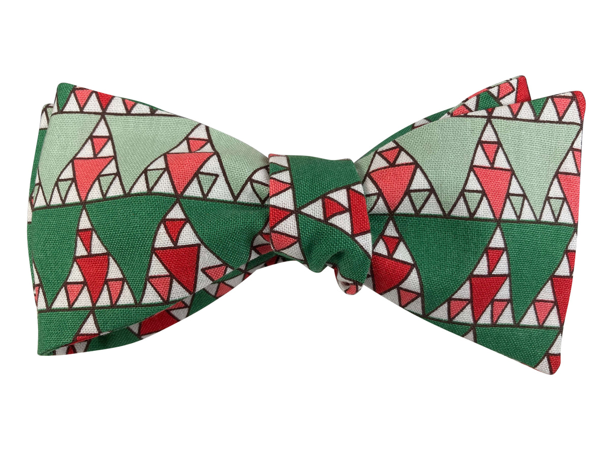 liberty print green and red Christmas trees self tie bow tie