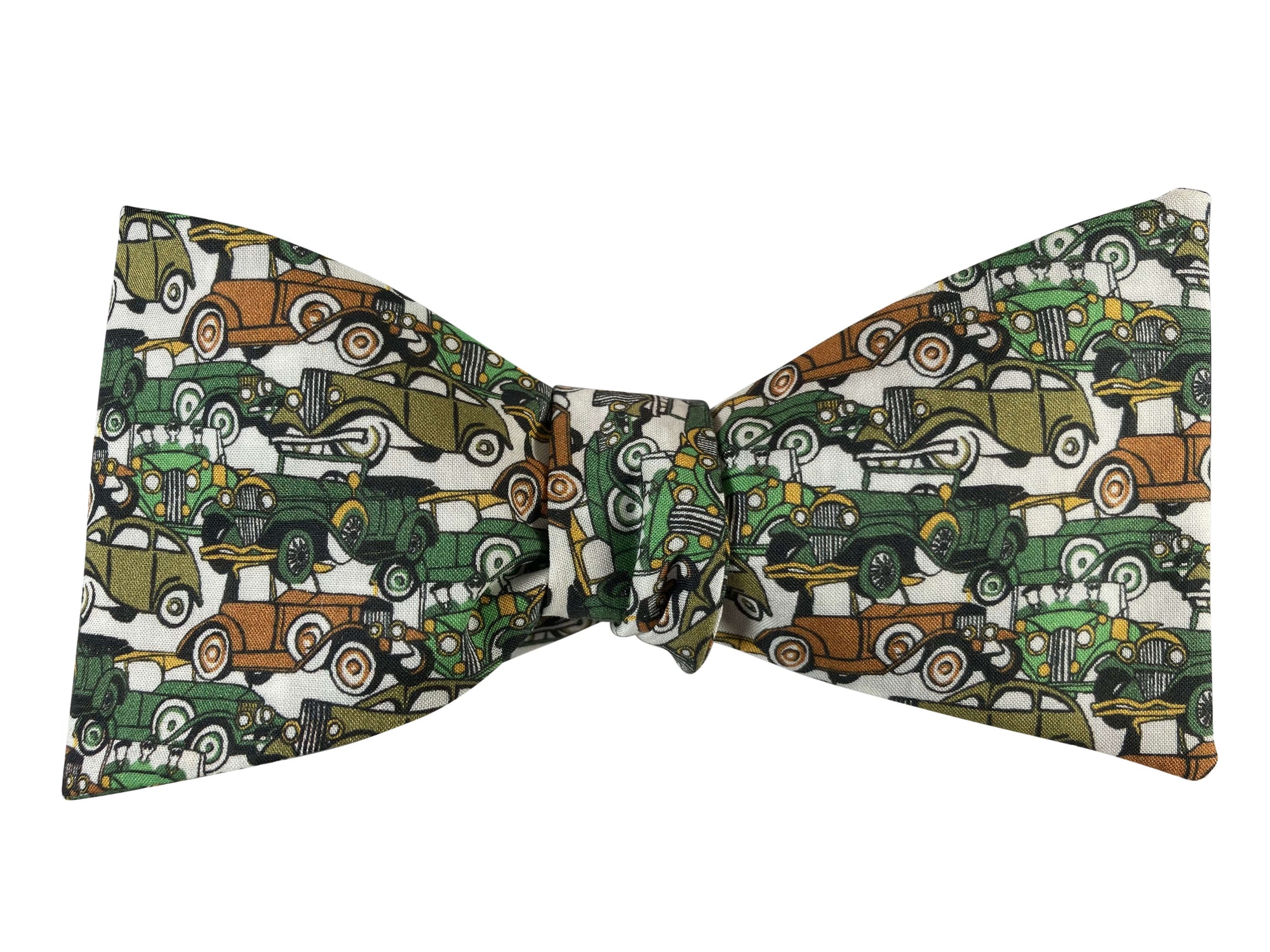 green roaring wheels vintage cars liberty print self tie bow tie