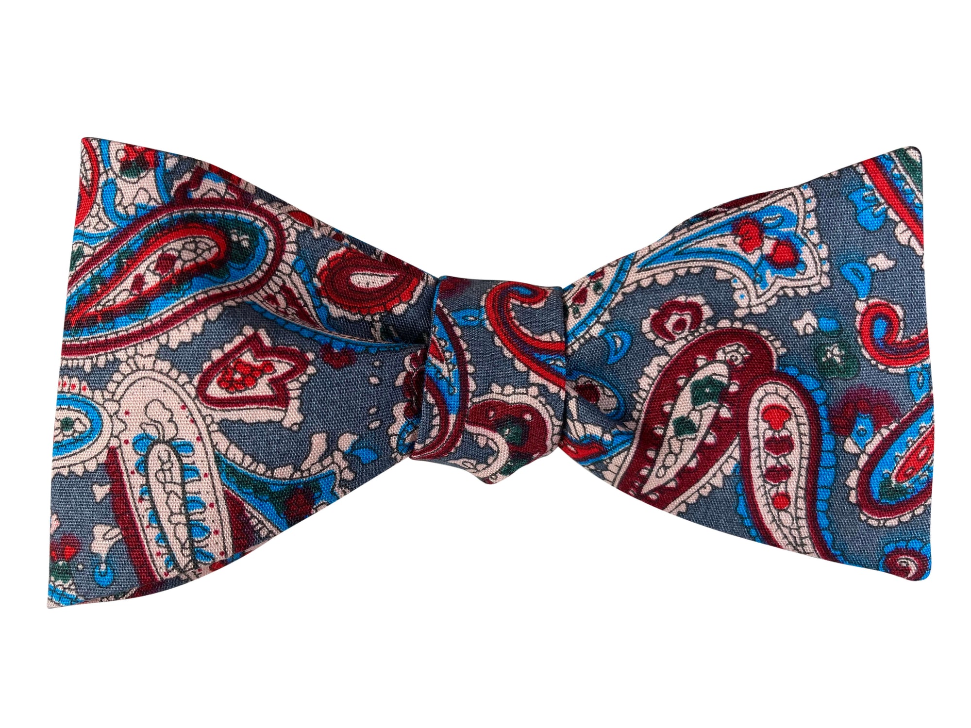 grey and burgundy paisley self tie bow tie