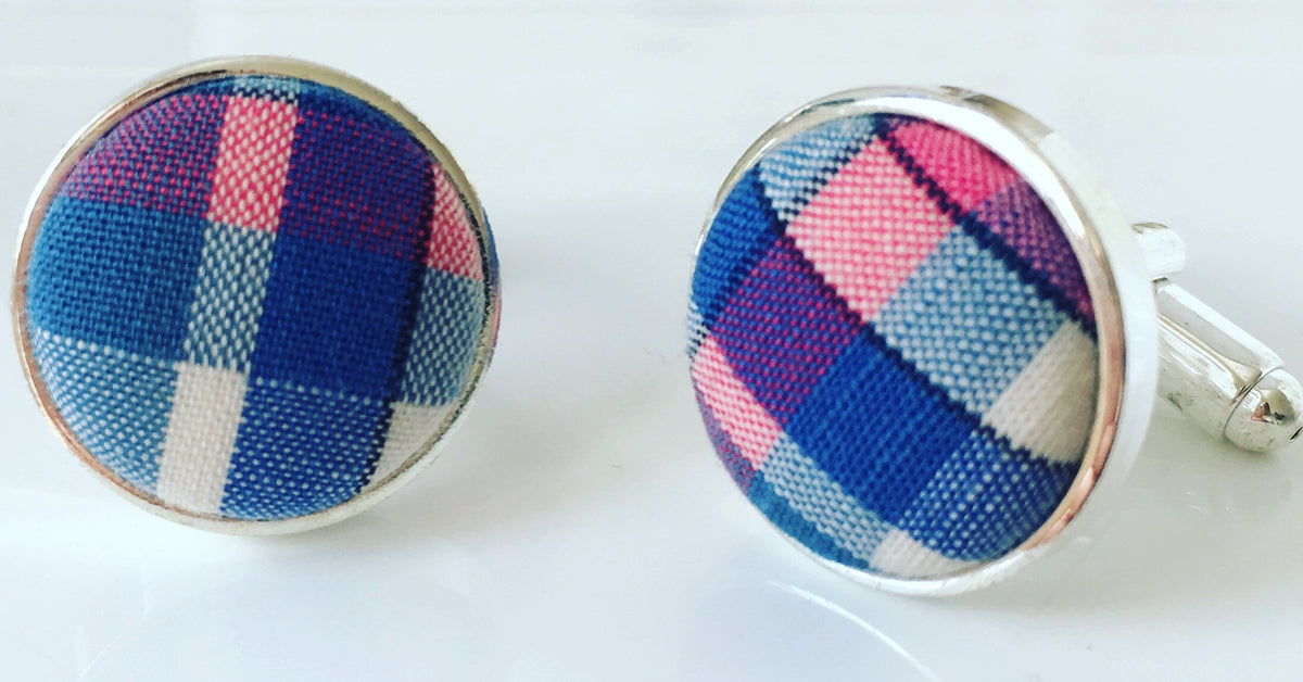 Blue &amp; Pink Check Fabric Cufflinks