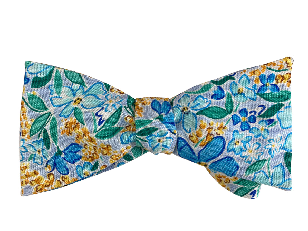 liberty print blue mediterranean floral self tie bow tie