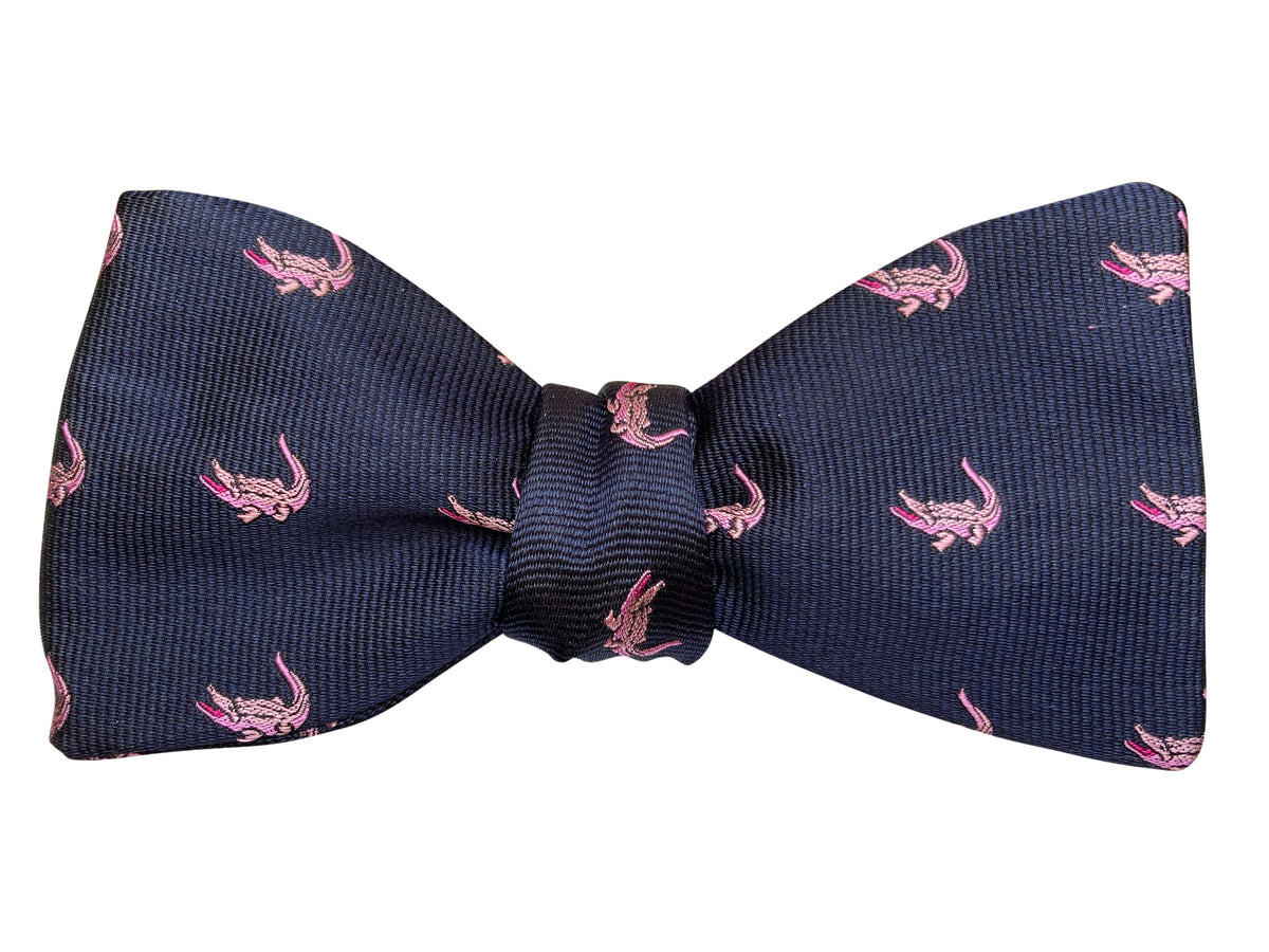 Navy blue Jacquard silk self-tie bow tie with pink crocodiles