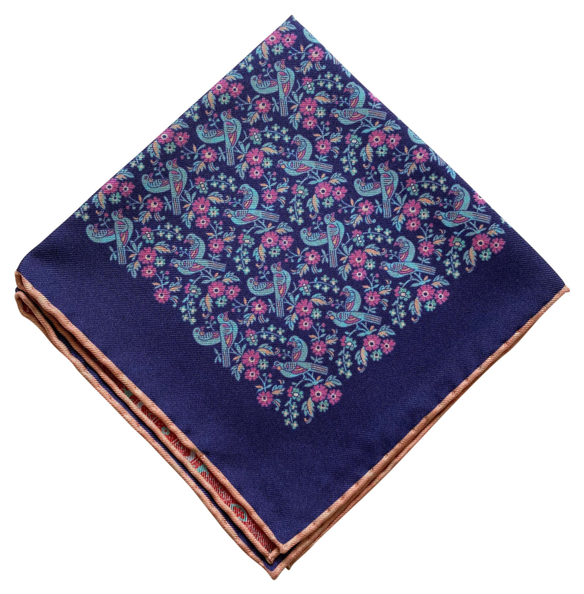 navy blue silk pocket square with birds and flowers