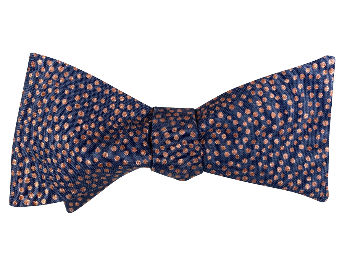 navy blue and rose gold polka dot self tie bow tie