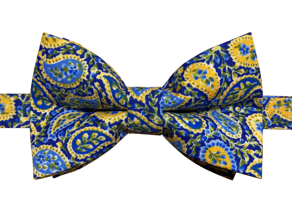 navy blue and yellow paisley pre-tied bow tie