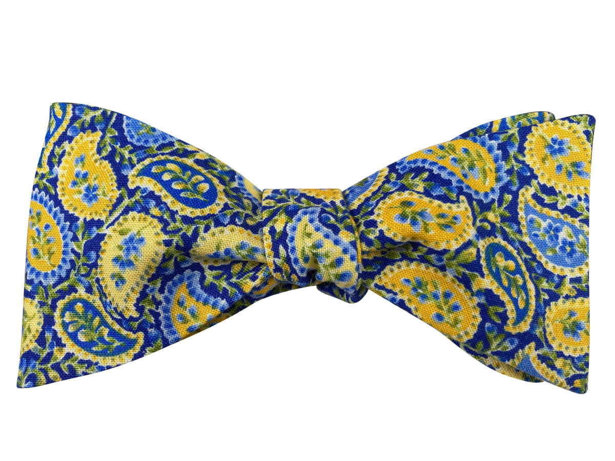 royal blue and yellow paisley self tie bow tie