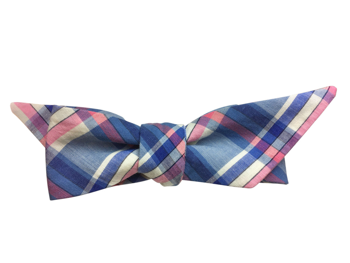 Blue &amp; Pink Check &#39;Wing&#39; Self-Tie Bow Tie