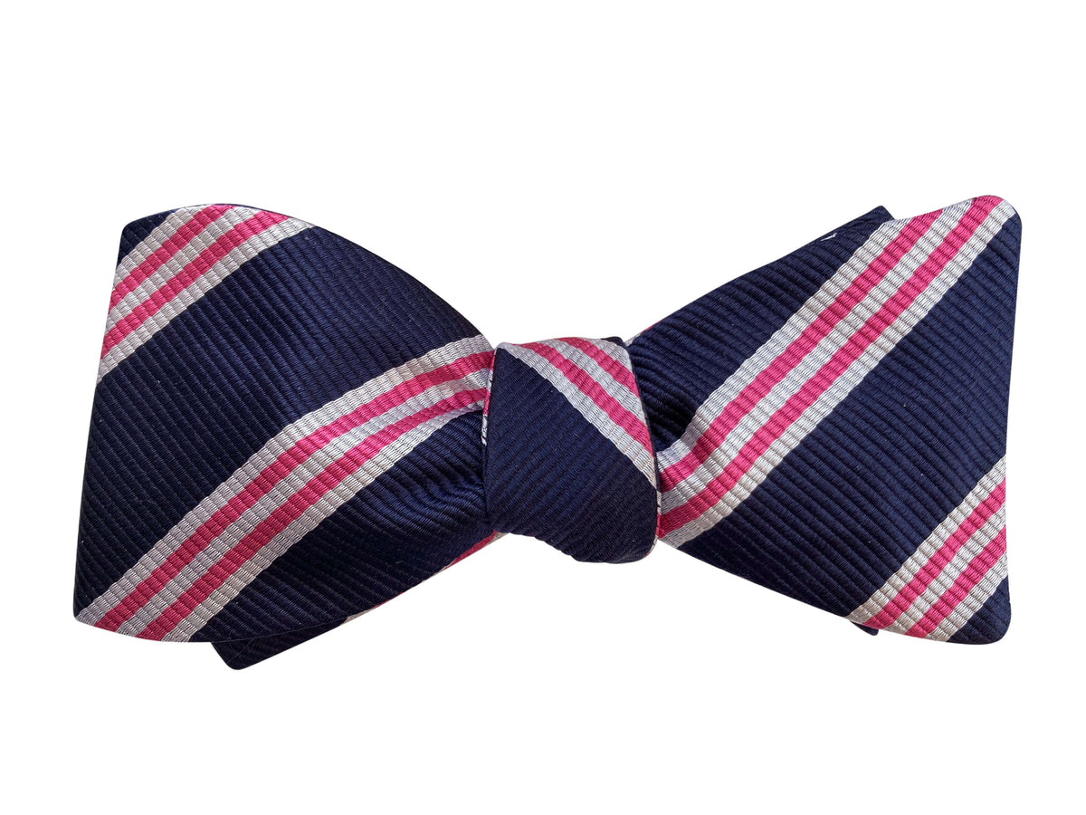 Navy blue, pink and white stripe Jacquard silk self-tie bow tie
