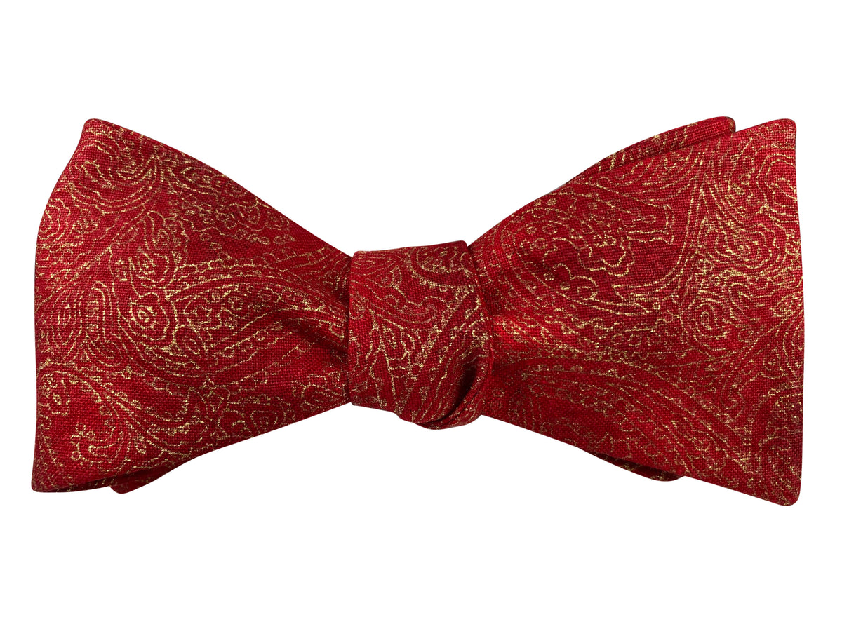 red and gold paisley self tie bow tie