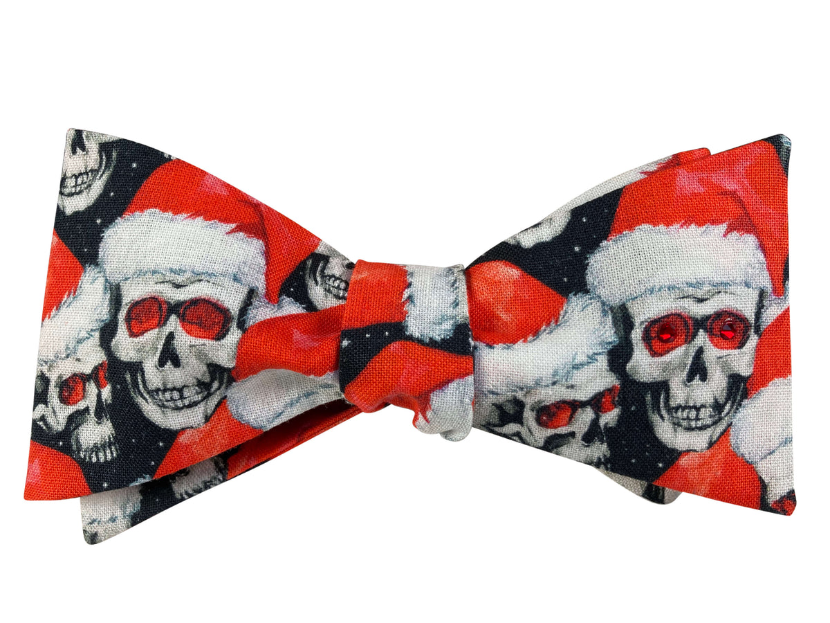 Red black and white santa skulls nasty christmas self tie bow tie with red swarovski crystals