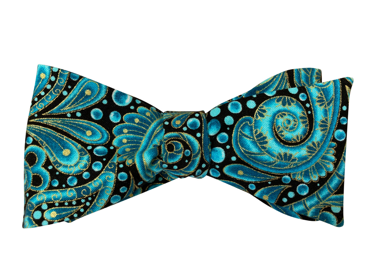 turquoise blue bubbles and gold self tie bow tie