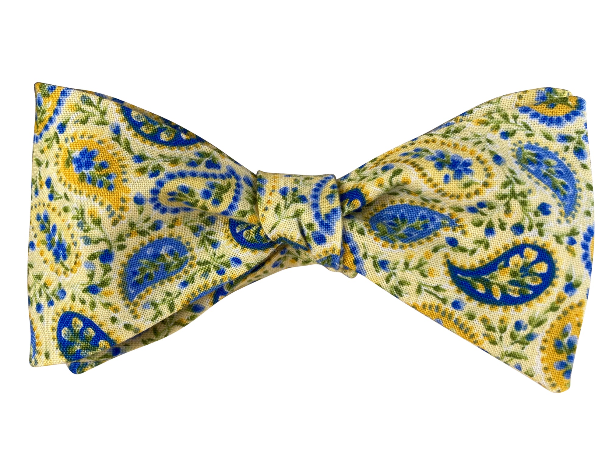 Pale yellow and blue paisley self tie bow tie